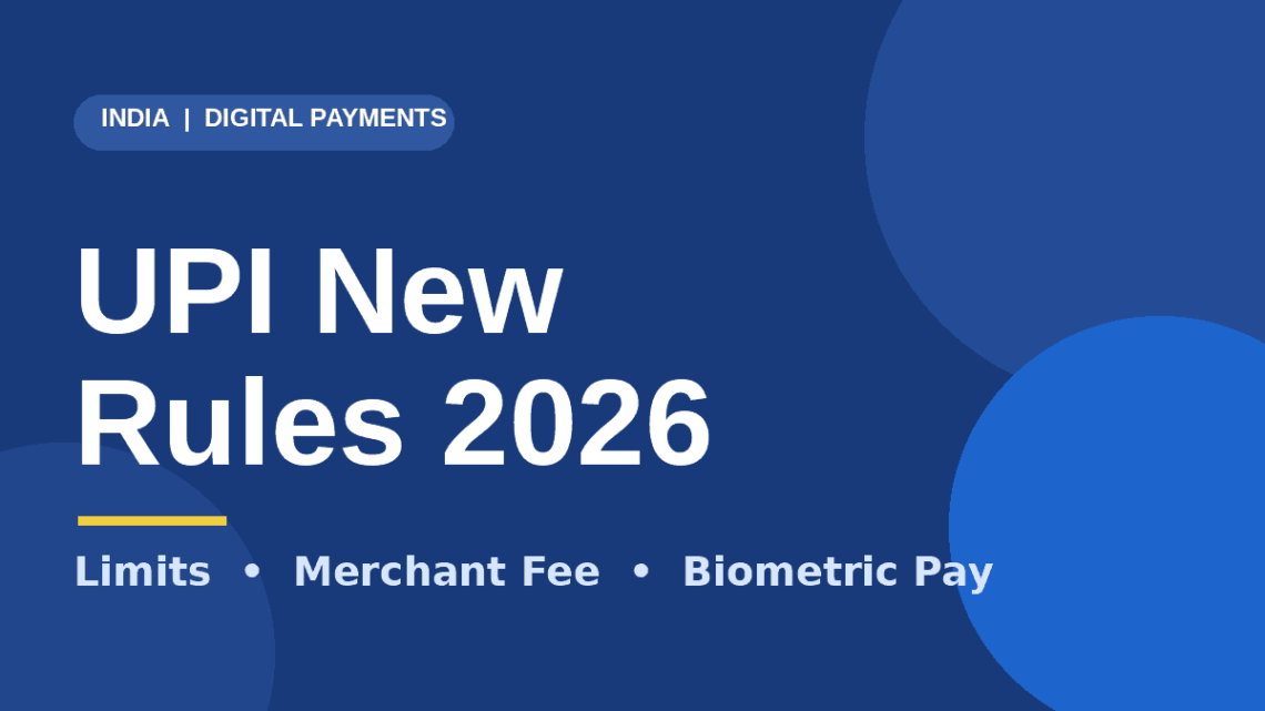 UPI New Rules 2026 featured graphic covering limits, merchant fee and biometric payments